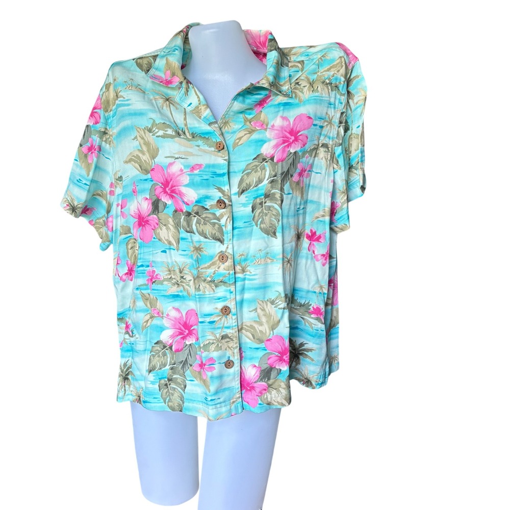 ♾️Vintage Sunset Cove Hawaiian Shirt XL Rayon Hibiscus Floral Blue Pink♾️